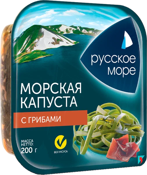 [4605561014952] Капуста морская маринованная  по-корейски с грибами 200 г 1/6 "Русское море"