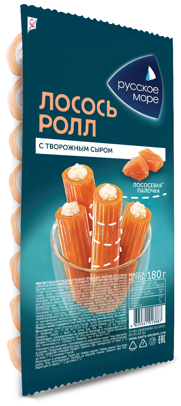 [4605561013887] Лососевые палочки Лосось-ролл "Русское море" имитация с сыром охл.180 г 1/6