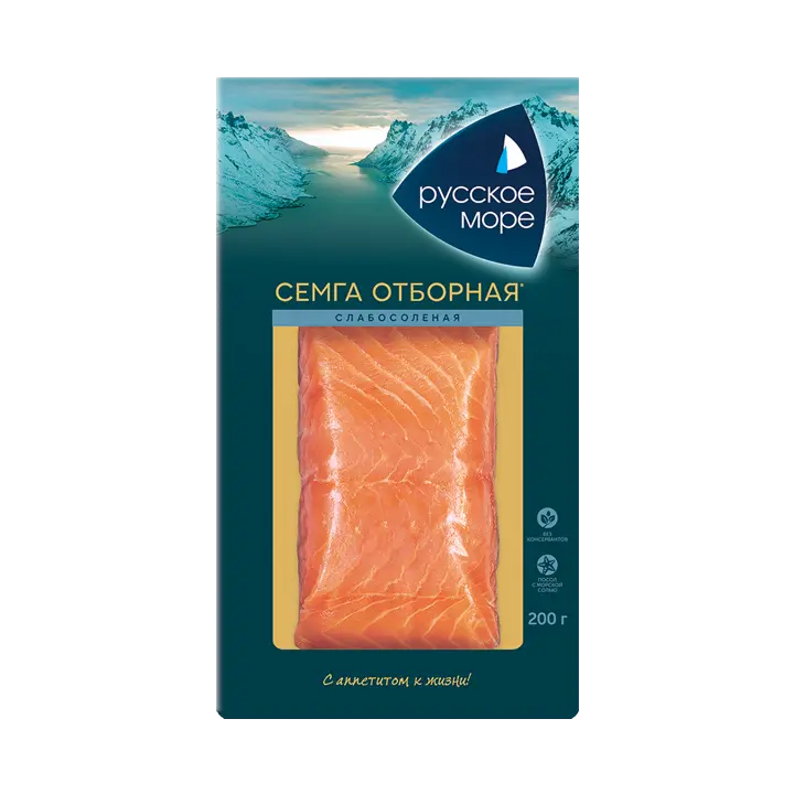 [4605561008272] Семга слабосоленая филе-кусок "Русское море" 200г 1/6