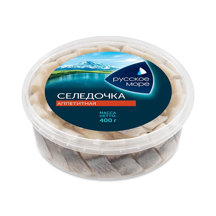 [4605561015805] Филе-кусочки сельди тихоокеанской с/с "Русское море" "Селедочка аппетитная" в масле 400г 1/6