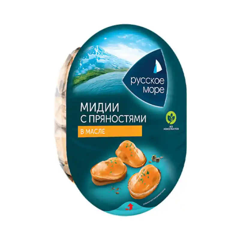 [4605561015140] Мясо мидии чилийской в растит. масле "Южные пряности" "Русское море" 180г 1/6