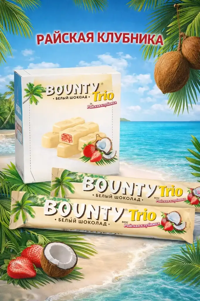 Шоколадный батончик «Bounty» trio райская клубника в белом шоколаде 78гр х 24шт