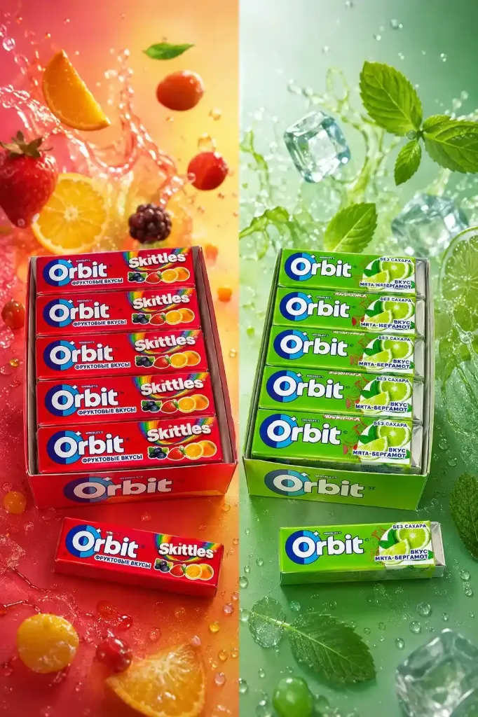 Новые вкусы «Orbit» «Skittles» фруктовые вкусы