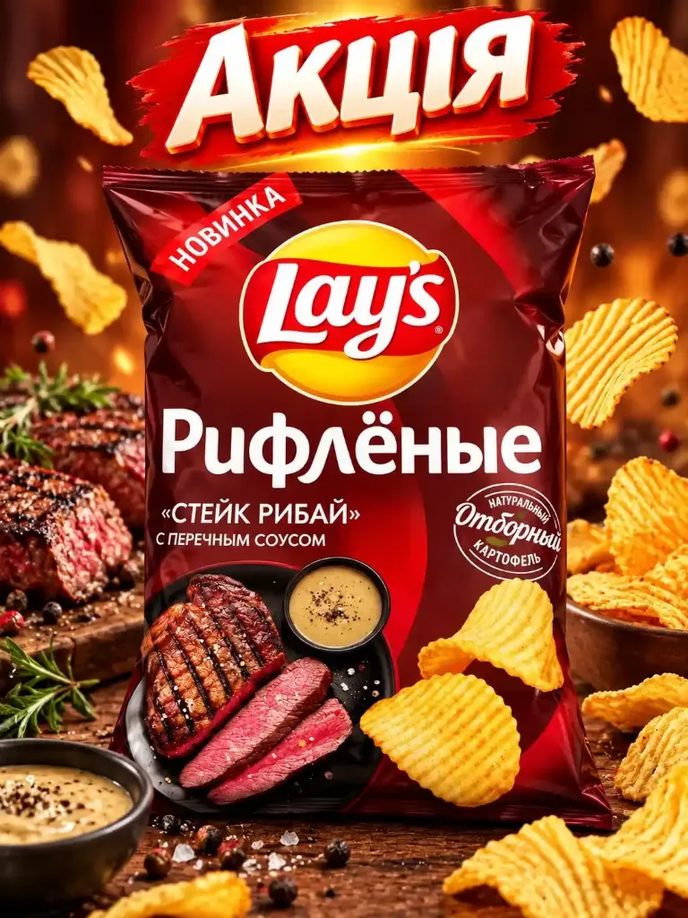 Чипсы «Lays» со вкусом стейк рибай
140гр х 9шт