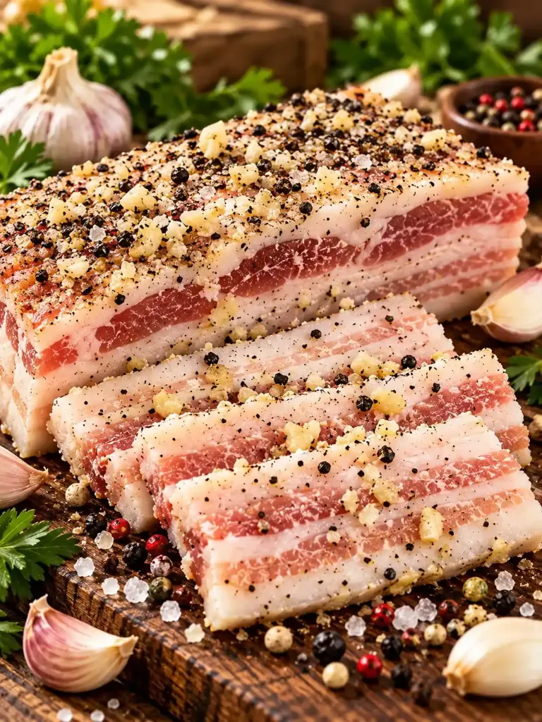 Грудинка соленая с чесноком и перцем замороженная весовая