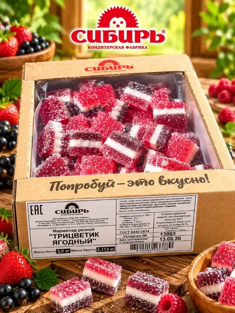 Мармелад «Трицветик» ягодный ;  коробка на 2 кг